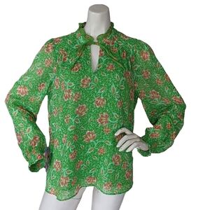 Joie Green Floral Long Sleeve Blouse w/Smocked Cuffs & Ruffle Collar Size Medium